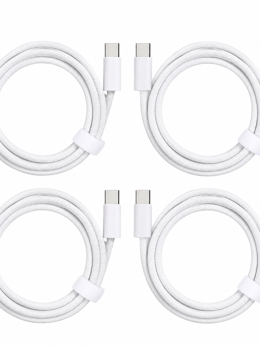 Braided USB-C to USB-C Fast Charging Cables - 4 Pack (White)